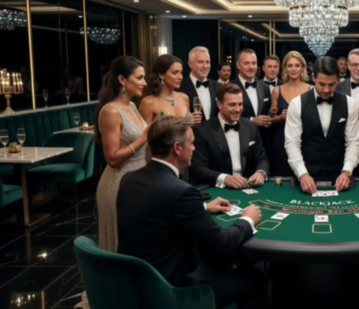Tłum gości wokół stołu blackjacka na eleganckim evencie