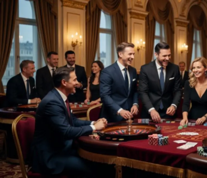 Goście biznesowi bawiący się przy elegancko oświetlonych stołach eventowych z animatorami