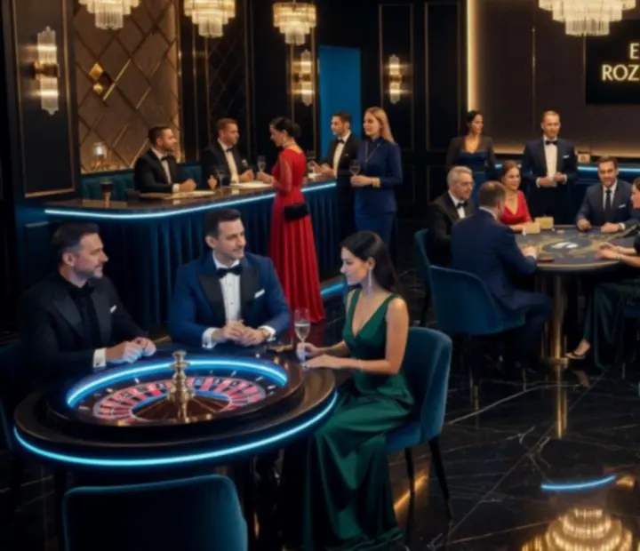 Cinematiczna scena nocnego eventu z eleganckim stołem do gier i stylowymi gośćmi
