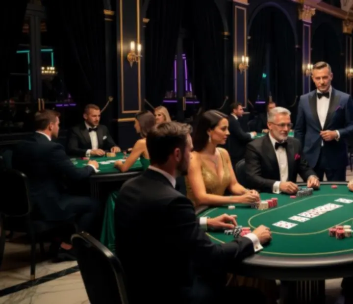 Elegancka scena wieczoru pokerowego z gośćmi przy oświetlonych stołach