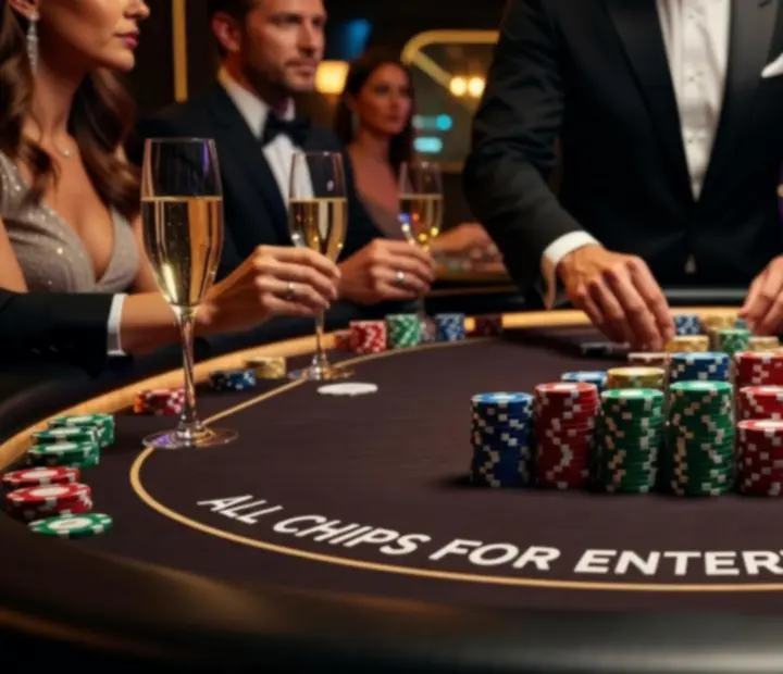 Profesjonalny stół pokerowy oświetlony w klubowej, wieczornej scenerii.