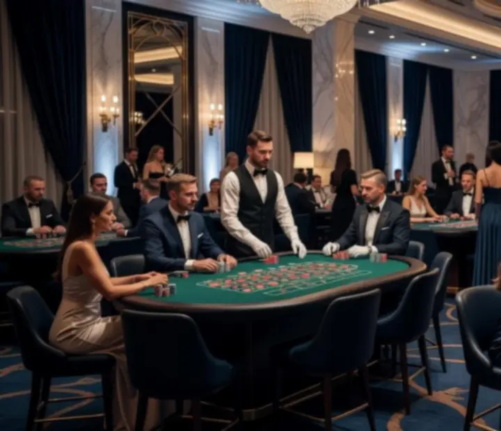 Elegancka sala eventowa z oświetlonymi stołami do gier i gośćmi podczas wieczoru rozrywkowego