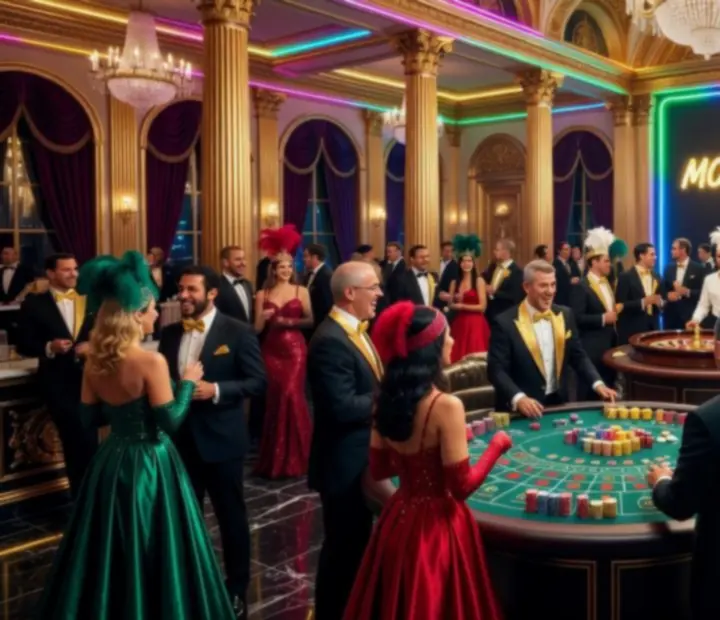 Goście w eleganckich strojach podczas imprezy w klimacie Las Vegas.